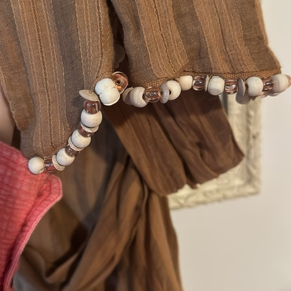 ZARA | One Shoulder Striped Beaded Dress Top Shirt Brown 100% Cotton - Picture 6 of 12
